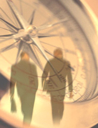 men walking overlayed with a compass